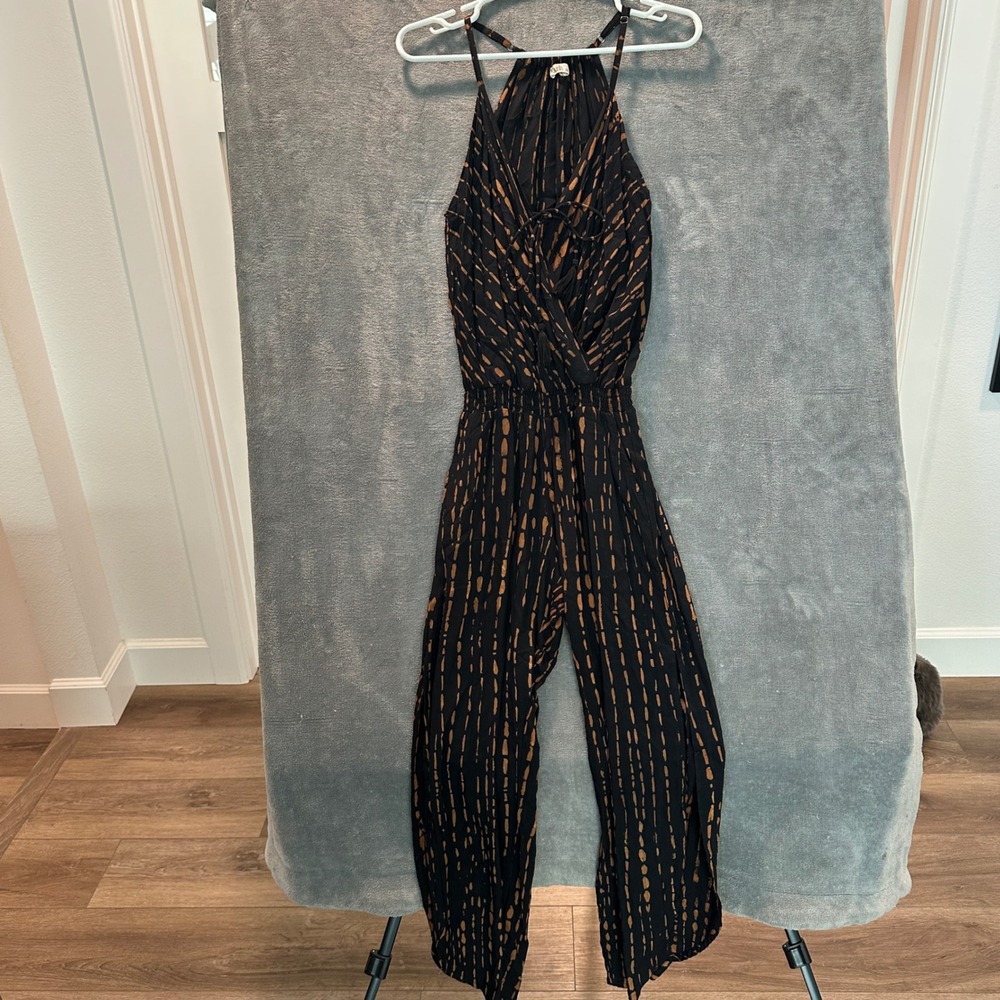 Khush Jumpsuit Women XS Black Bronze Abstract Print Halter Wrap Boho Wide Leg